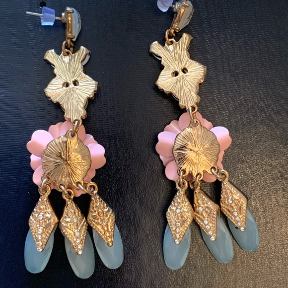 Pink Enamel Flower rhinestone Dangle Earrings chandelier 3” Tole Metal Flowers - Picture 8 of 10